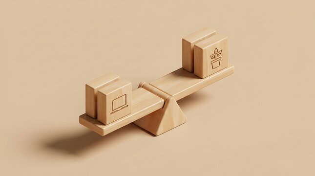 3D wooden seesaw scale balancing heavy laptop and light plant blocks for work life imbalance concept