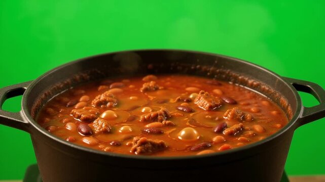 Beef chili con carne simmering in a cast iron pot on green screen