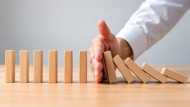 Businessman hand stopping falling dominoes to prevent chain reaction concept for risk management stability and crisis prevention in business