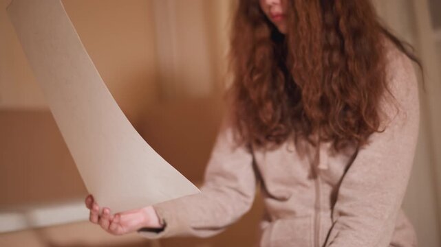 Young adult with long hair sits in indoor setting holding and closely examining blank or lightly textured piece of white material. soft lighting creates warm shadows on wall behind her