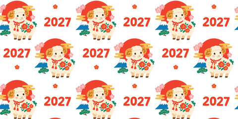 Obraz premium seamless chinese new year pattern with cute sheep and traditional ornaments
