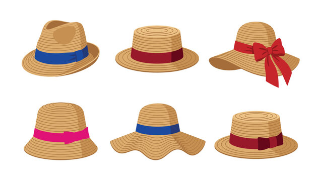 Summer straw hat vector collection featuring trendy sun hats boater fedora Panama styles decorated with colorful ribbons and bows,