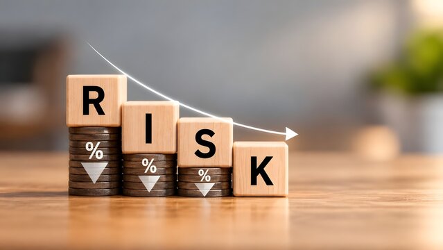 Decreasing risk concept represented by wooden blocks spelling RISK stacked on coins with percentage signs and downward arrows with a graph line.