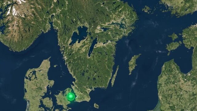 地球衛星軌道から見るストックホルムからコペンハーゲンへ光子が移動する光ネットワーク