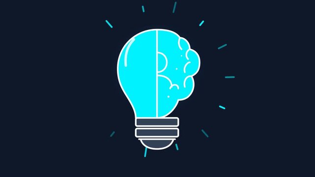 Glowing neon lightbulb and human brain icon representing creative ideas and artificial intelligence innovation on dark background