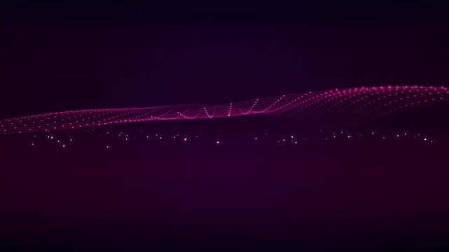 Abstract purple glowing digital wave with particle mesh connection motion graphic.