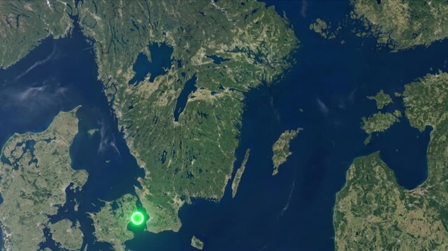 地球衛星軌道から見るストックホルムからコペンハーゲンへ光子が移動する光ネットワーク