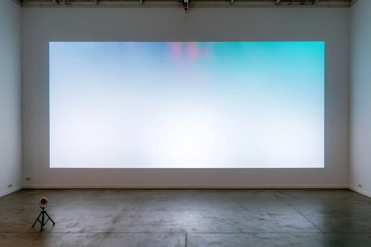 White wall with a large luminous projection on a polished concrete floor, featuring a small sensor on a tripod and copy space for a mockup