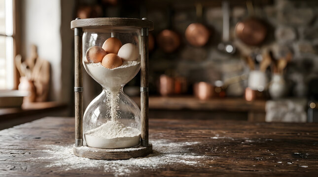 Hourglass with Eggs and Flour, Cooking Time Concept