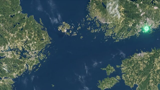 地球衛星軌道から見るストックホルムからヘルシンキへ光子が移動する光ネットワーク