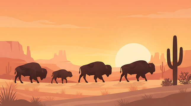 Silhouette of a Wild Bison Herd Walking Across a Vast Prairie Landscape at Sunset