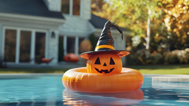 A Halloween pumpkin in a witch's hat on an inflatable beach ring in a pool against the backdrop of a private home on a clear day