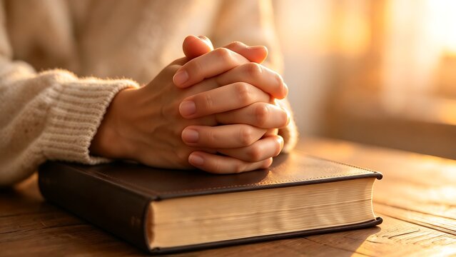 A person's hands clasped in prayer resting on a holy bible or thick religious book on a rustic wooden table during golden hour, symbolizing faith, devotion, spirituality, and peaceful worship.
