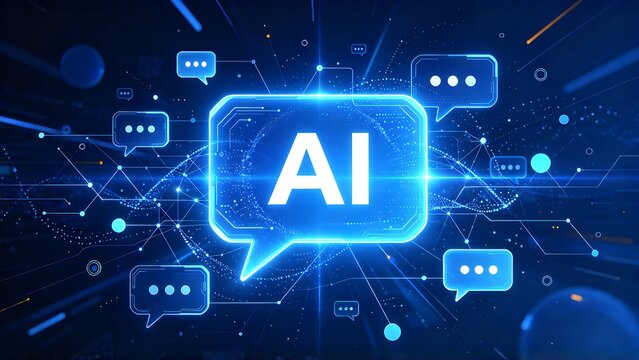 Artificial Intelligence AI Chatbot Concept with Glowing Digital Speech Bubbles on Futuristic Blue Background, Machine Learning and Natural Language Processing Technology for Virtual Assistant