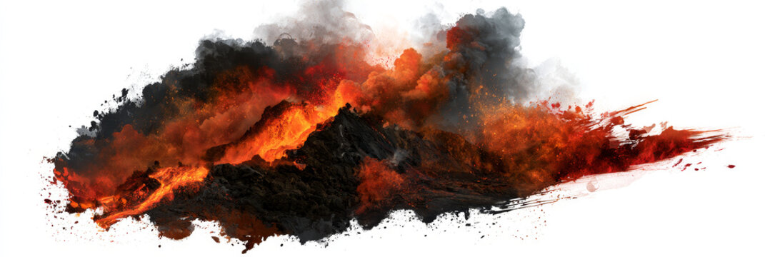 Erupting volcano with glowing lava flow, fiery ash cloud and dramatic watercolor splash isolated on white background