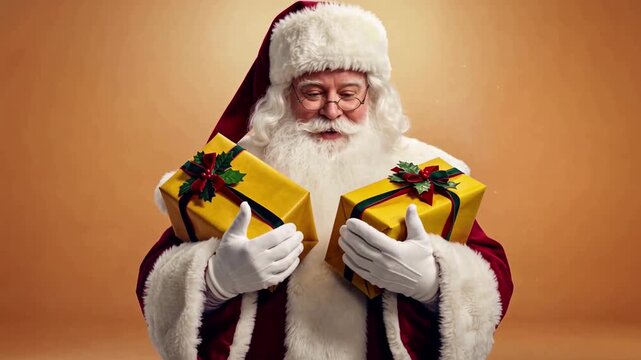 Santa Claus Holding Wrapped Gifts Smiling at Camera in Studio with Warm Lighting and Festive Holiday Concept