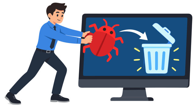 Young businessman pushing a giant red software bug icon into a glowing trash bin on a computer monitor symbolizing debugging, code fixing and cybersecurity cleanup in modern flat vector style