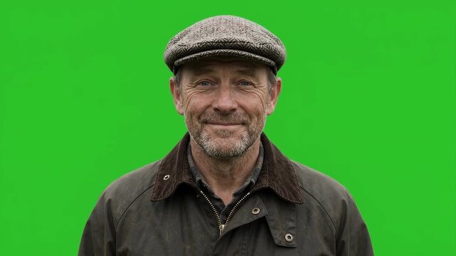 British gardener wearing waxed jacket nodding with approval on green screen