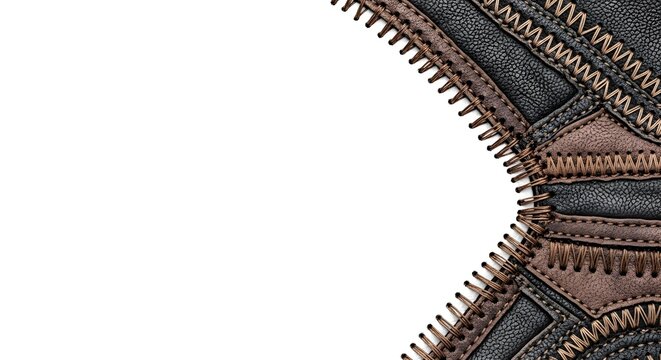 Close up of a textured leather patchwork with intricate stitching and zipper detail on a white background