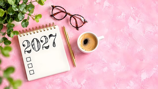 2027 planning notebook with checkboxes coffee cup pen and glasses on a pink textured background overhead view