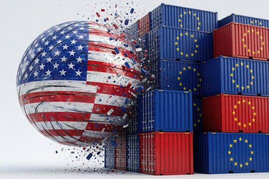 US flag sphere crashes into European shipping containers. American symbol destroys blue, red EU cargo boxes. Concept of trade war, economic conflict, global commerce tension between USA, Europe.