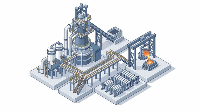 Isometric vector illustration of heavy metal foundry manufacturing plant with blast furnace and molten steel pouring