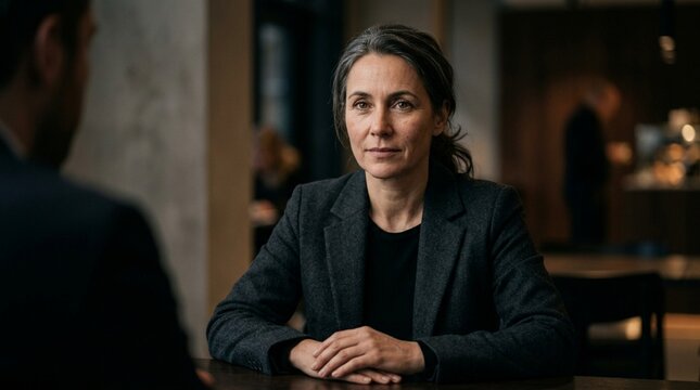 Serious Woman in Business Suit at Table, Facing Camera