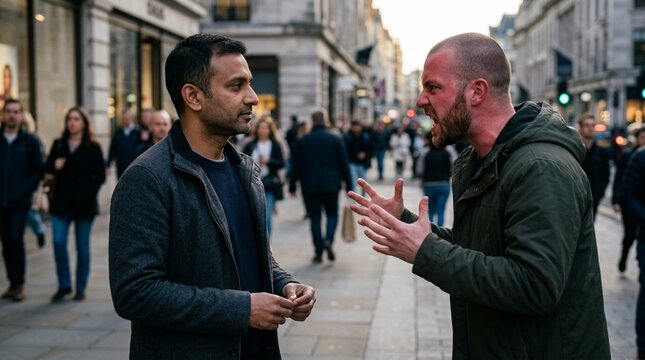 Two men arguing on a busy city street, confrontation and disagreement