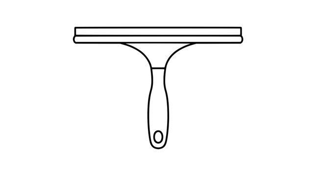 Black outline vector icon of a shower squeegee with wide straight blade and tapered neck plus short handle with hanging hole drawn with medium black lines in symmetrical frontal view for glass care