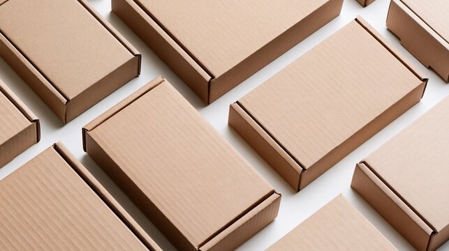 Multiple closed flat brown kraft cardboard shipping boxes arranged in neat rows on clean white background wholesale packaging delivery and logistics concept