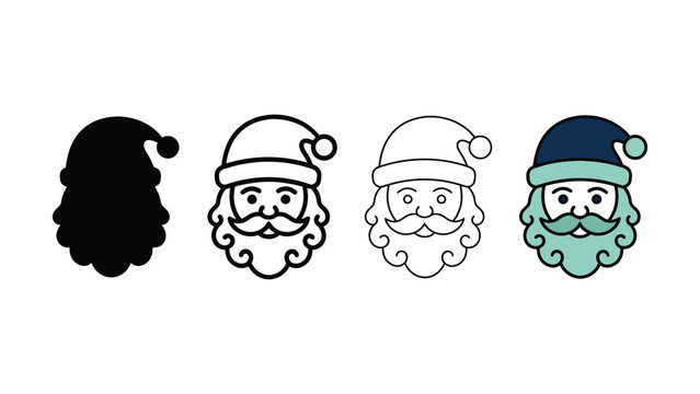 Four icons of santa claus head, featuring solid black, bold outline, thin line, and blue and teal color variations on a white background