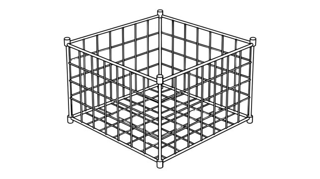 Black outline vector icon of a square wire storage basket with grid sides and bottom plus cylindrical corner posts and caps drawn with thin black lines in centered composition with open top crate