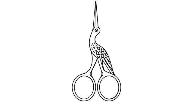 Black outline vector icon of stork-shaped embroidery scissors with pointed beak blades feather wing detail and round finger loops drawn with thin black lines in vertical centered layout for craft