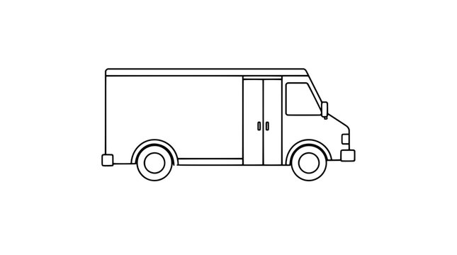 Black outline vector icon of a boxy step delivery van with sliding cabin doors side windows round wheels and flat roof drawn with thin black lines in side view centered composition for delivery