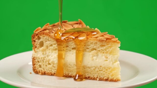 Honey drizzling over almond bee sting cake on green screen