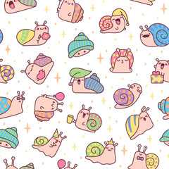 Fototapeta premium Cute snail seamless pattern set featuring mug crown gift flower heart glasses bow tie nightcap leaf party hat mustache balloon
