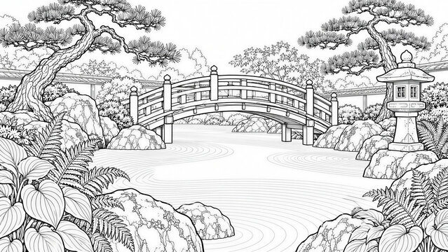 Traditional Japanese landscape illustration for adult coloring book, featuring arched wooden bridge and lush garden foliage