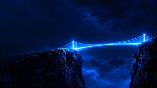 Glowing blue suspension bridge connecting two cliffs over misty chasm at night, connection and overcoming obstacles concept