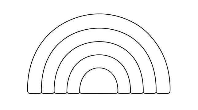 Line art illustration of wooden stacking rainbow with five graduated concentric arches and flat bases drawn with bold lines in symmetric centered composition finishing with uniform gaps