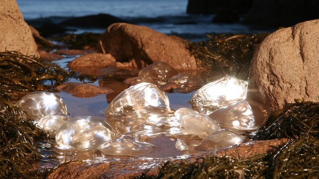 Moon jellyfish glowing in a shallow tide pool among smooth coastal rocks and wet seaweed, for nature and marine life backgrounds