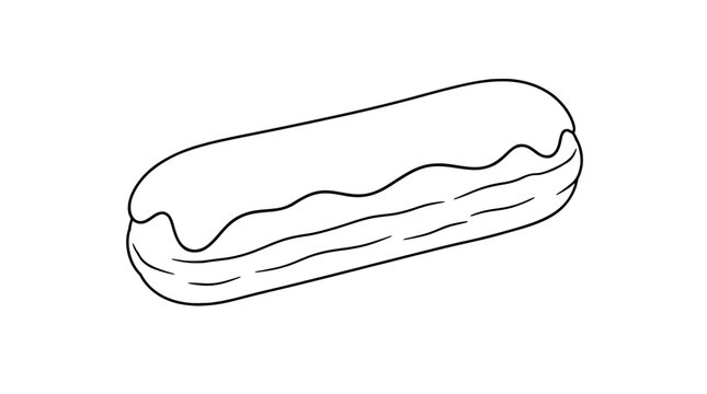Black outline vector icon of an elongated eclair pastry topped with wavy dripping glaze and layered base lines rendered in thin lines in diagonal composition stressing bakery freshness throughout