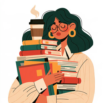 Woman holding a stack of books and a coffee cup