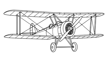 Detailed line art illustration of a double wing biplane with front propeller radial engine landing wheels wire braces and struts rendered with thin black outlines in side frontal flying posture © Kyle