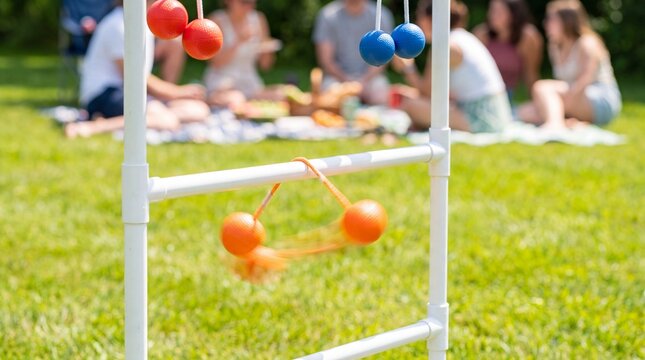 Ladder Toss Bolas Wrapping Around Rung of Backyard Ladder Game