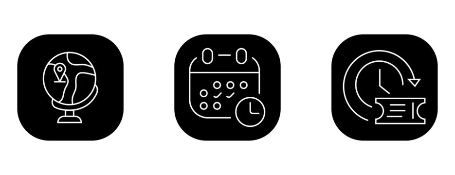  Travel and event booking app icon set featuring outline globe, calendar, and ticket history symbols on solid black backgrounds.   
