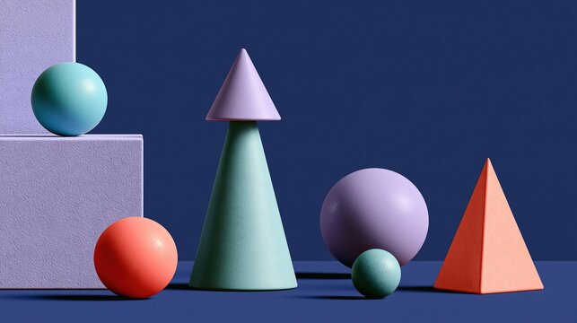 Assorted colored basic 3d geometric shapes including sphere cone and pyramid arranged on dark blue background abstract minimal composition concept