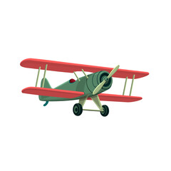 Colorful vintage biplane aircraft illustration featuring red double wings, a green fuselage, front propeller, and landing wheels. Classic propeller-driven airplane design suitable for aviation. © Pointline Visuals