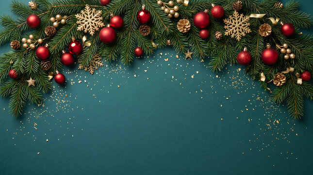 Festive christmas garland with red ornaments and golden snowflakes on teal background