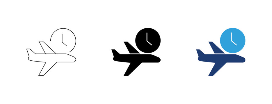 Flight duration and schedule icon set featuring outline, solid, and colored duotone styles for aviation and travel booking apps.