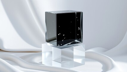Fototapeta premium Glass cube rests upon clear pedestal. Dark interior suggests cosmos, stars visible within reflective surface. Minimalist presentation.